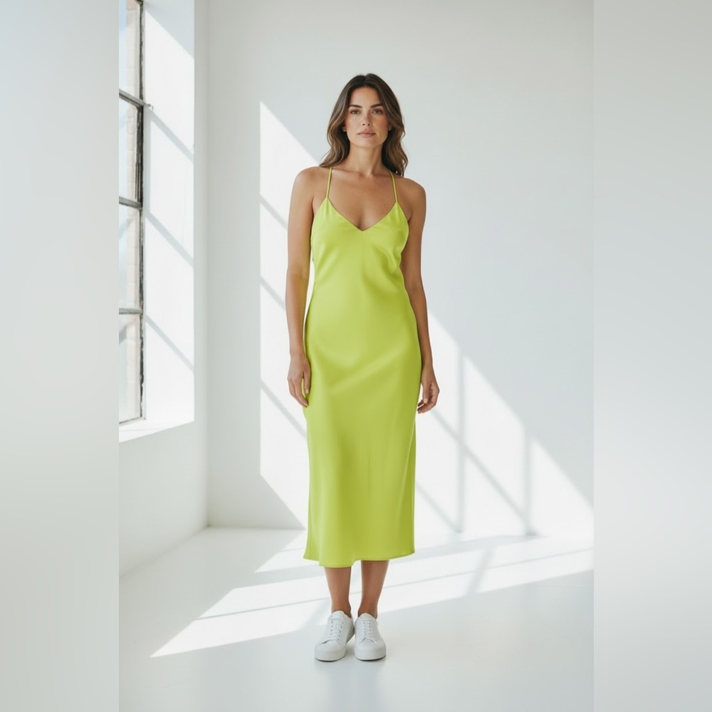 Zara Lime Green Satin Cross Front Strap Slit Dress Size XS